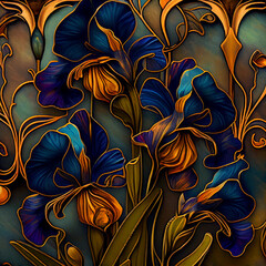 Irises in Art Nouveau style. Imitation of an old stained glass window. Generative AI.