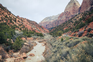 Hiking in spring through the beautiful Zion National Park in Utah, USA