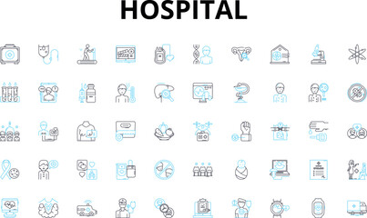 Hospital linear icons set. Medicine, Emergency, Staff, Patients, Surgery, Recovery, Admissions vector symbols and line concept signs. Units,Specialists,Health illustration