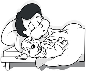 Drawing of a Black-haired Boy and Puppy Sleeping in Bed