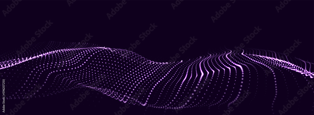 Poster dynamic purple particle wave. futuristic point glowing wave. flow digital structure. data technology