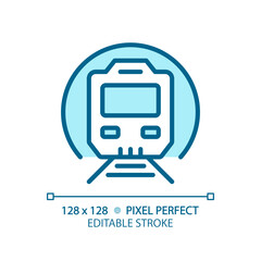 Metro train pixel perfect blue RGB color icon. Subway station. Underground transit. Tunnel railway. Suburban rail system. Isolated vector illustration. Simple filled line drawing. Editable stroke