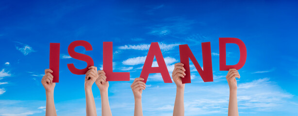 People Hands Building Word Island Means Iceland, Blue Sky