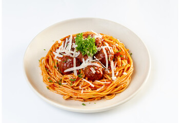 spaghetti with beef ball and tomato sauce on white background