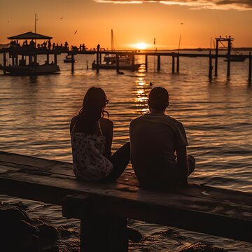  A Young Couple Watching The Sunset From A Pier