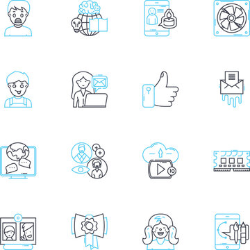 Colloquium linear icons set. Conference, Symposium, Discussion, Assembly, Forum, Gathering, Meeting line vector and concept signs. Convention,Seminar,Workshop outline illustrations