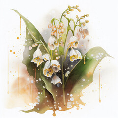 lilies of the valley flowers, branches and leaves, watercolor painting on white paper