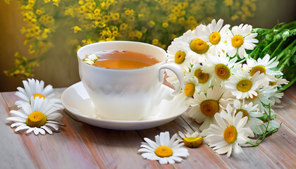 cup of tea, Rural still-life - cup of brewed chamomile tea on the background of a bouquet of daisies
