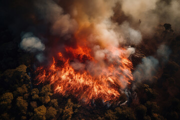 Fototapeta na wymiar Aerial view of a massive forest fire. Drone top view of wildfire with smoke and burning trees from the height of a bird flight. Ecological catastrophe. 6K high resolution image. Generative AI