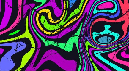 Trippy strip psychedelic pattern. Neon grunge wavy background