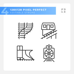 Railway vehicle pixel perfect linear icons set. Railroad car. Train transport. Locomotive engine. Customizable thin line symbols. Isolated vector outline illustrations. Editable stroke