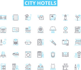 City hotels linear icons set. Luxury, Central, Boutique, Urban, Business, Cosmopolitan, Contemporary line vector and concept signs. Stylish,Modern,Iconic outline illustrations
