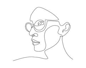 Continuous line art of a woman were cat eye glasses, lineart vector illustration.