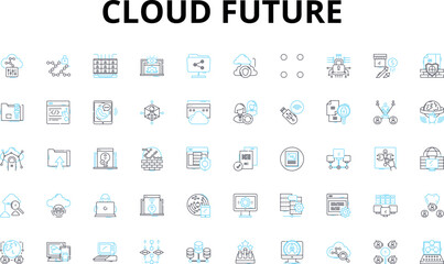 Cloud future linear icons set. Advancement, Efficiency, Collaboration, Storage, Mobility, Security, Accessibility vector symbols and line concept signs. Innovation,Integration,Scalability illustration