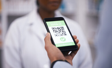 QR code, screen or hand of doctor with phone to scan test results on contactless technology online. Closeup, mobile app or medical healthcare professional with digital registration or barcode display