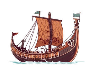 Sailing ship on waves, old fashioned adventure icon