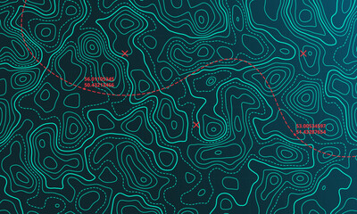 Ocean topographic line map with curvy wave isolines vector illustration. Sea depth topographic landscape surface for nautical radar readings. Cartography texture abstract banner of relief ocean floor.