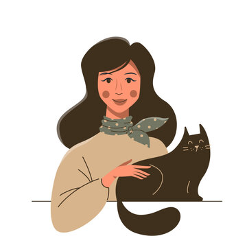 Cute cartoon young woman with funny cat. Pretti brunette girl and her pat.