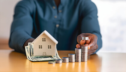 house in hand, House model and coin holder money on the table for finance and banking concepts. Property investment mortgage and home rental concept earning from home, space text 