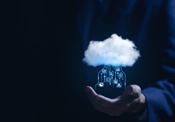 Businessman with a cloud over hand show Diagram representation technology icons The concept of connecting digital big data	
