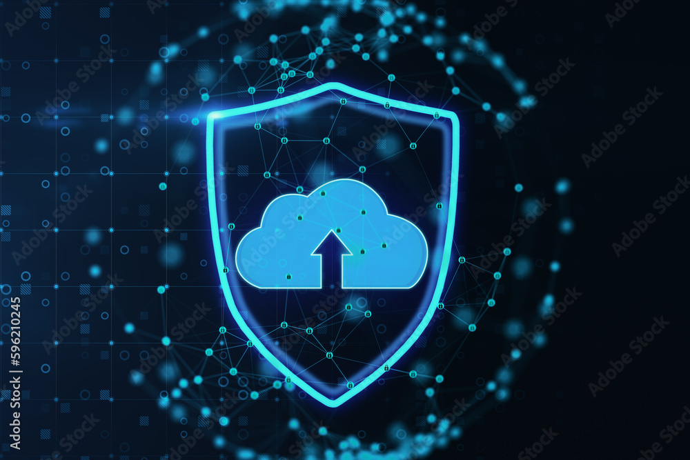 Poster abstract glowing cloud shield hologram inside sphere connections on dark background. Data storage and technology concept. 3D Rendering.