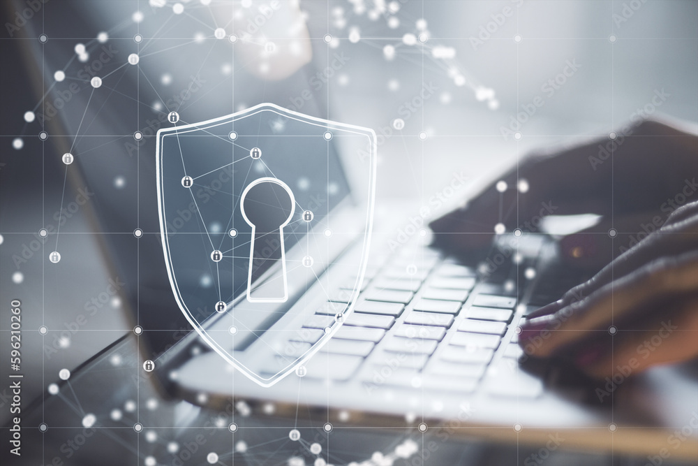 Poster Close up of backlit female hands using laptop keyboard with abstract glowing padlock shield inside polygonal sphere on blurry background. Secure, protection and safety concept. Double exposure.