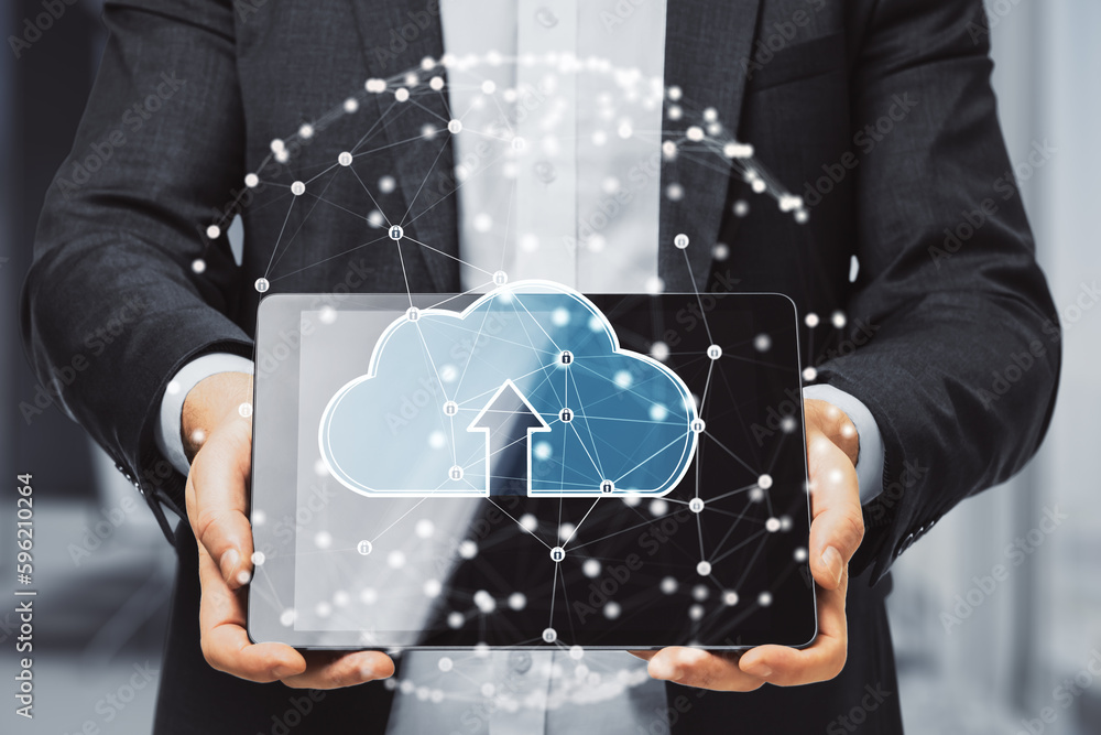 Poster close up of businessman hands holding tablet with abstract glowing cloud hologram inside sphere conn