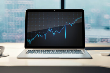 Close up of workplace with laptop computer, coffee cup and growing blue financial forex chart on blurry window with city view background. Stock, economy, market and trade concept. 3D Rendering.