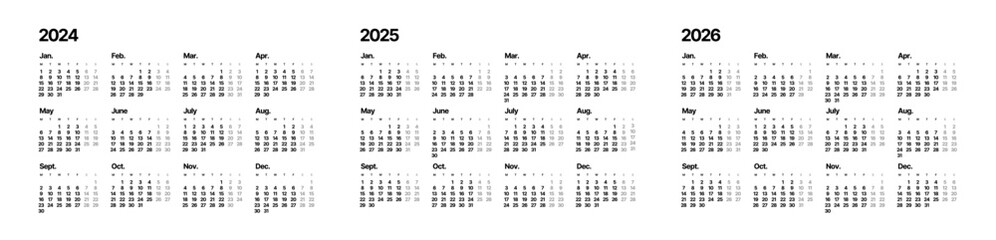 Annual calendar template for 2024, 2025, 2026 years. Week Starts on Monday. Business calendar in a minimalist style.