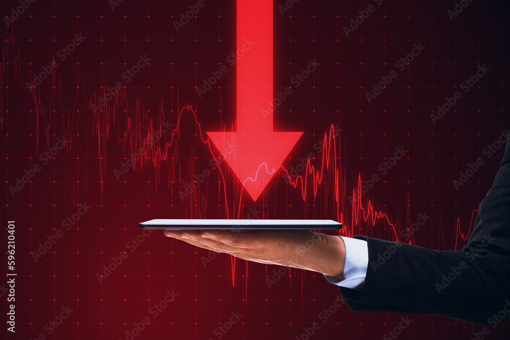 Poster close up of man hands holding smartphone with downward red business chart and arrows on blurry backg