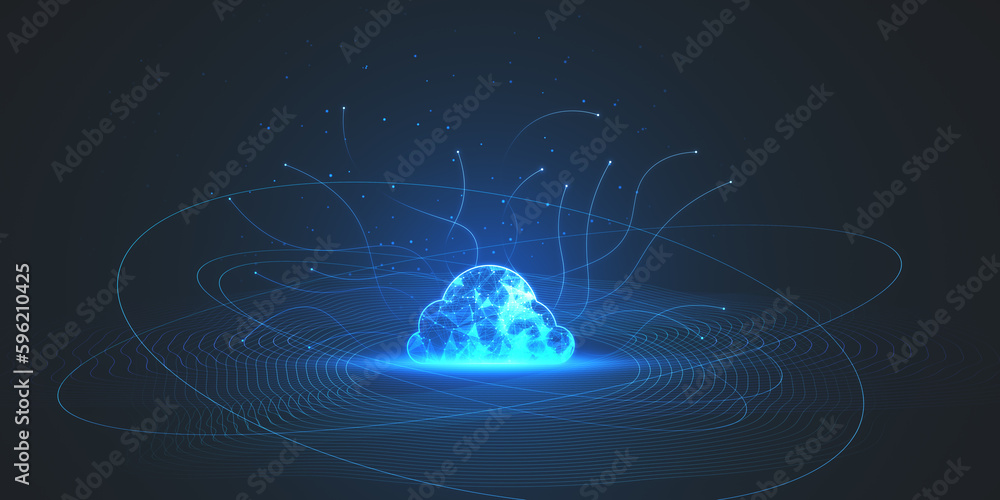 Poster Digital polygonal cloud with lines on blue texture. Cloud storage and computing concept. 3D Rendering.