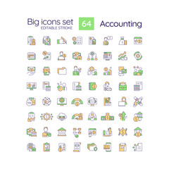 Accounting RGB color icons set. Financial transactions. Recording business activities. Finance management. Isolated vector illustrations. Simple filled line drawings collection. Editable stroke