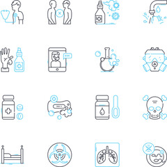 Microbes linear icons set. Bacteria, Fungi, Viruses, Protozoa, Archaea, Peptidoglycan, Pili line vector and concept signs. Flagella,Capsules,Plasmids outline illustrations
