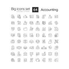 Accounting linear icons set. Financial transactions. Recording business activities. Finance management. Customizable thin line symbols. Isolated vector outline illustrations. Editable stroke