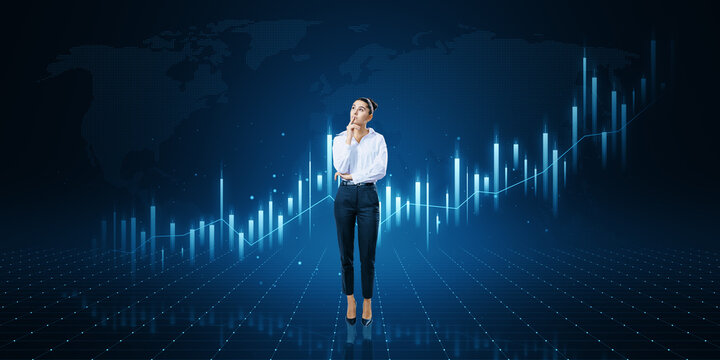Attractive thoughtful caucasian businesswoman with growing business chart on blurry background. Business strategy development, financial growth and success plan.