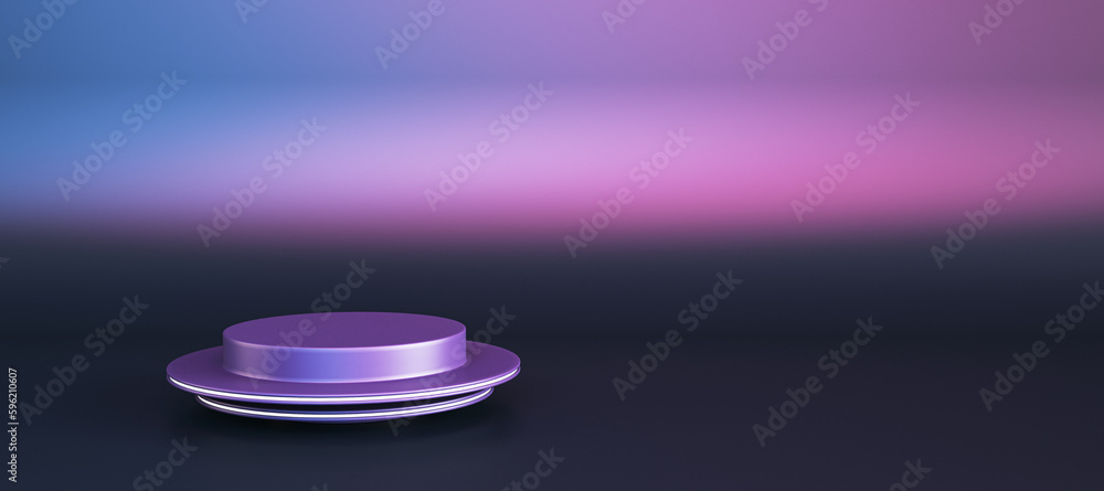 Aufkleber Abstract empty pedestal for product placement and advertisement on wide gradient purple background with mock up place. 3D Rendering.