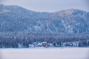 Houses in fir forest under snow on the bank of Teletskoe lake in Altai.