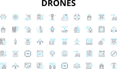 Drones linear icons set. Flying, Quadcopters, Remote-controlled, Unmanned, Hovering, Aerial, Surveillance vector symbols and line concept signs. Photography,Precision,Autonomous illustration
