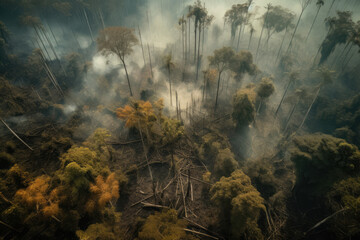 Aerial view of a massive forest fire. Drone top view of wildfire with smoke and burning trees from the height of a bird flight. Ecological catastrophe. 6K high resolution image. Generative AI - obrazy, fototapety, plakaty