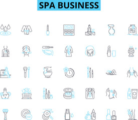 Naklejka na ściany i meble Spa business linear icons set. Relaxation, Pampering, Therapy, Serenity, Massage, Wellness, Aromatherapy line vector and concept signs. Renewal,Tranquility,Beauty outline illustrations