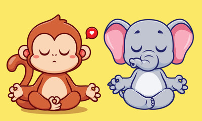 Obraz na płótnie Canvas Cute elephant and monkey meditation yoga cartoon vector icon illustration animal sport icon concept isolated