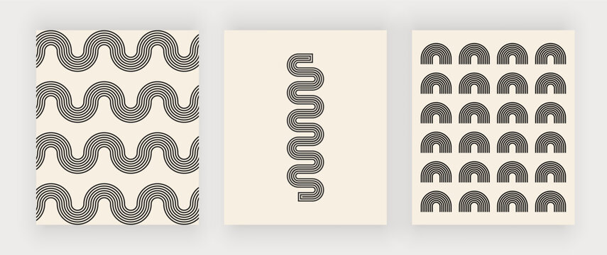 Retro wall art prints with black wavy lines in the beige background
