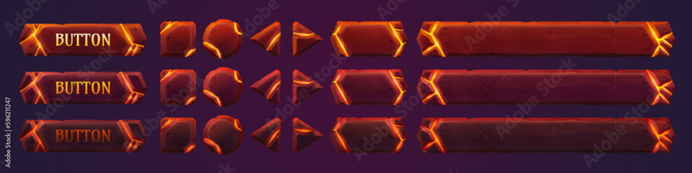 Poster lava game ui button interface icon animation vector set. cartoon fantasy rpg title sprite for menu c