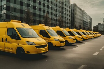 A group of bright yellow electric delivery vehicles. Generative AI