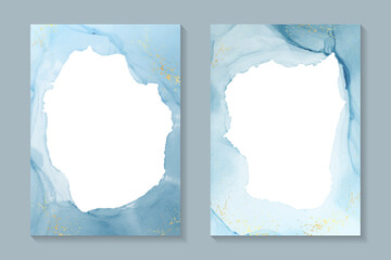 Modern watercolor background or elegant card design for birthday invite or wedding or menu with abstract blue ink waves and golden splashes.