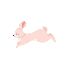 Cheerful furry rabbit running and jumping, cartoon flat vector illustration isolated on white background.