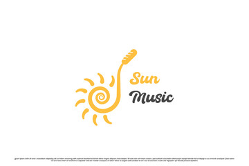 Sun music logo design illustration. Simple creative flat silhouette combination sun music trumpet mic sound sun light holiday outdoor recreation family holiday fun happy party event.