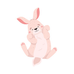 Cheerful rabbit lying on back, cartoon flat vector illustration isolated on white background.