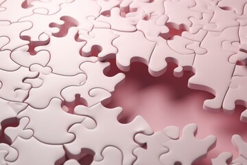 Unique 3D rendering of white jigsaw puzzle on pink background representing individuality and leadership in business. Generative AI