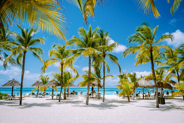 Fototapeta na wymiar Palm beach Aruba Caribbean, white long sandy beach with palm trees at Aruba